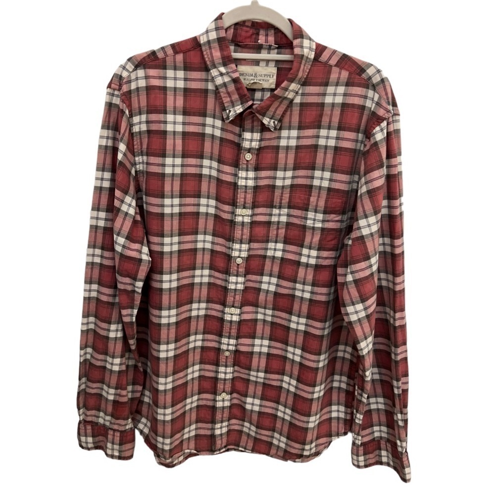 Denim & Supply Ralph Lauren Plaid Button Down Shirt Red Cream Large